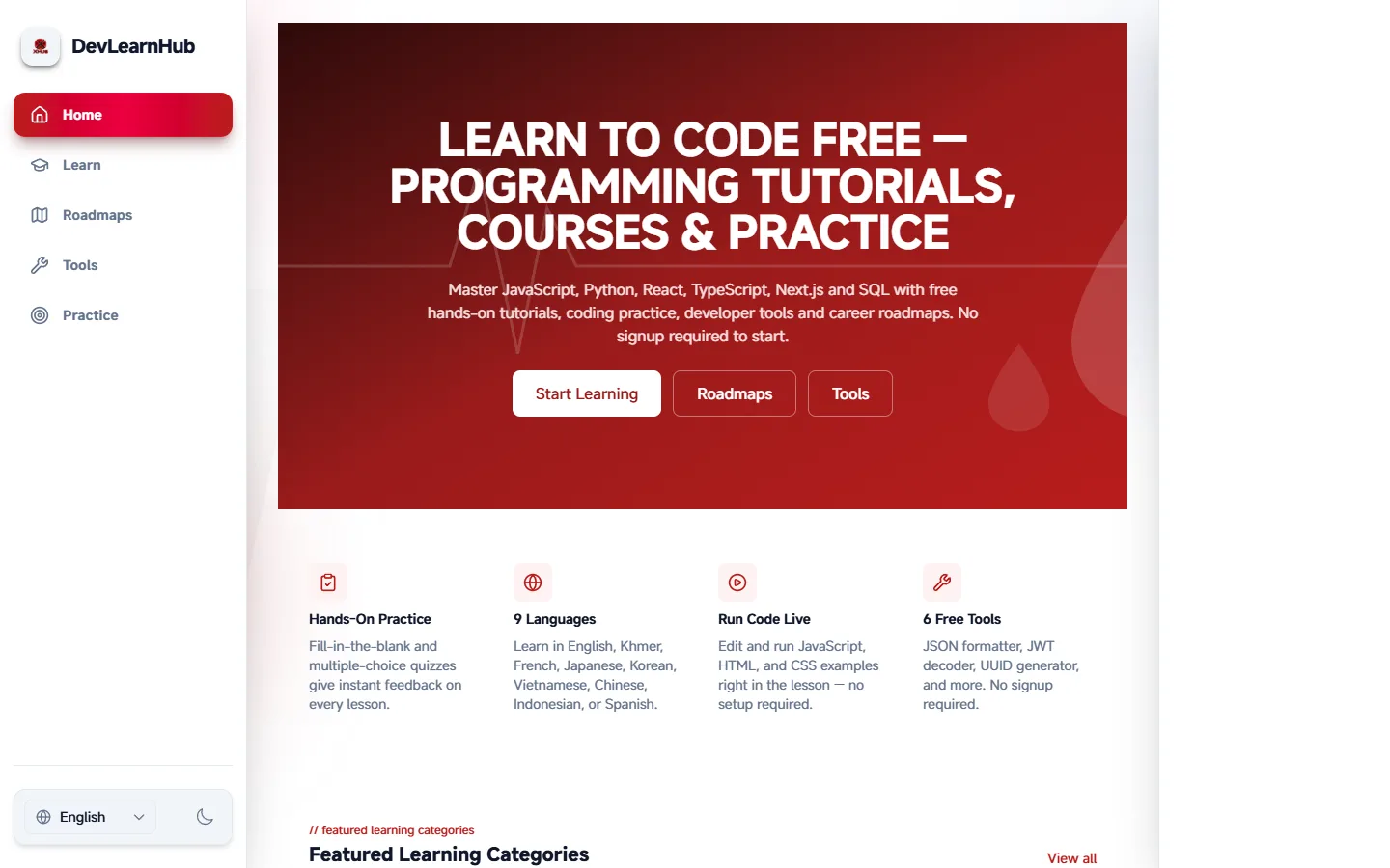 DevLearnHub homepage